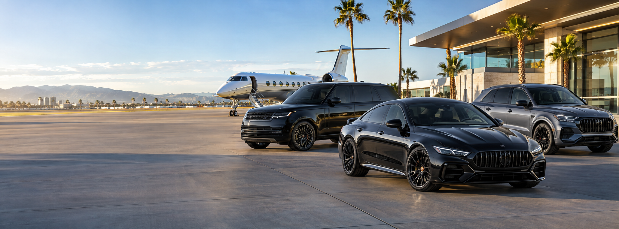 Luxury rental cars at a private Southern California airport
